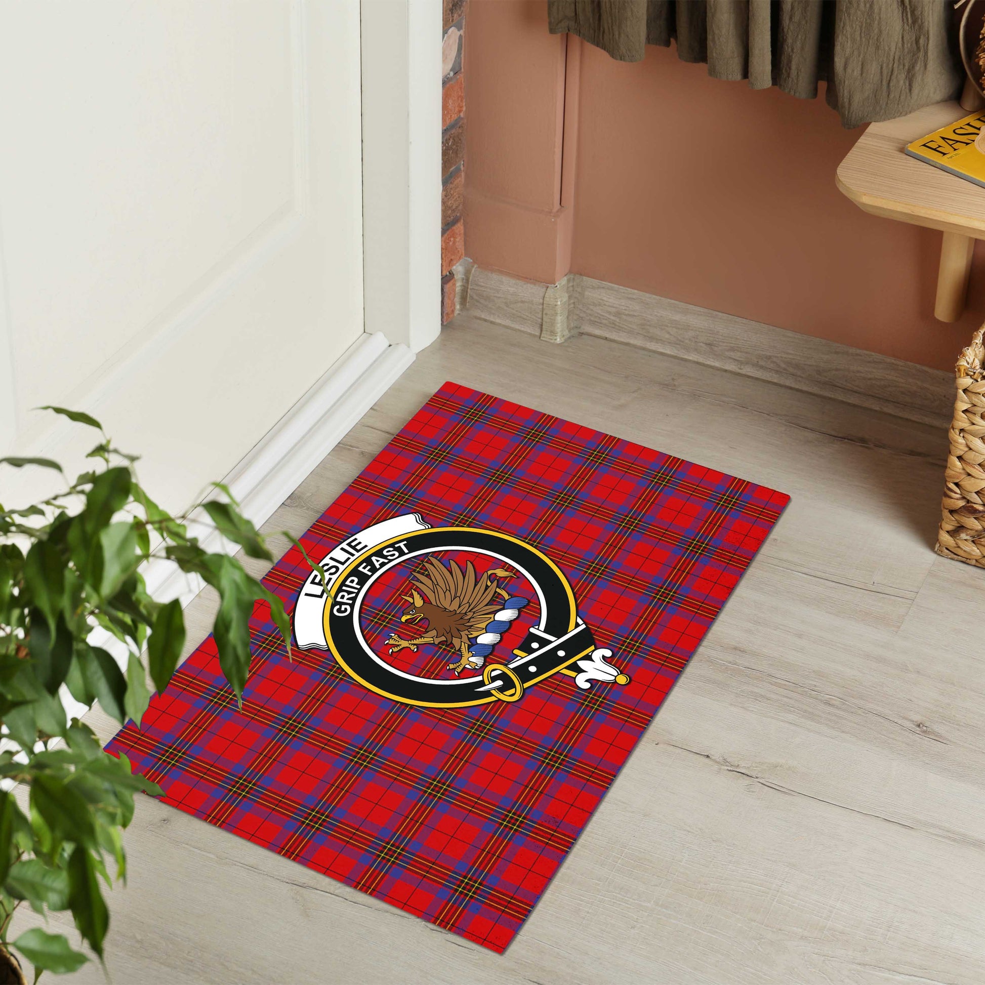 Leslie Modern Tartan Door Mat with Family Crest - Tartanvibesclothing