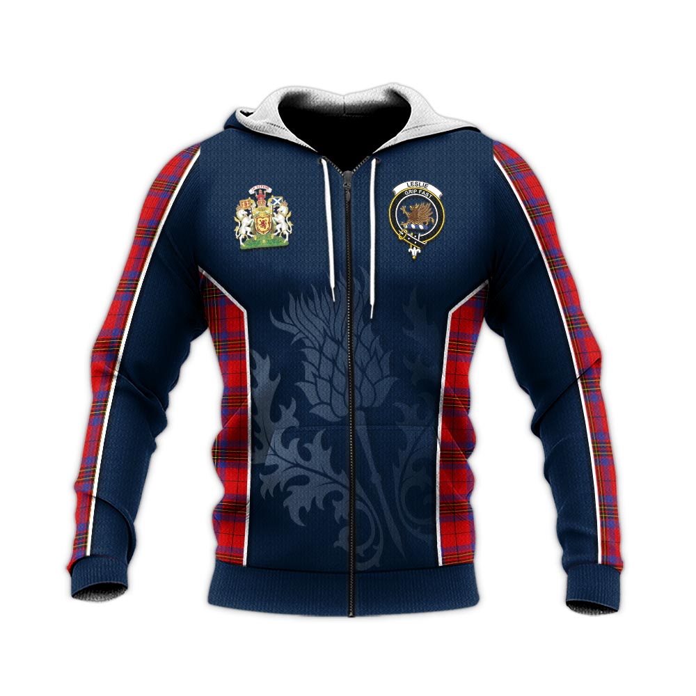 Tartan Vibes Clothing Leslie Modern Tartan Knitted Hoodie with Family Crest and Scottish Thistle Vibes Sport Style