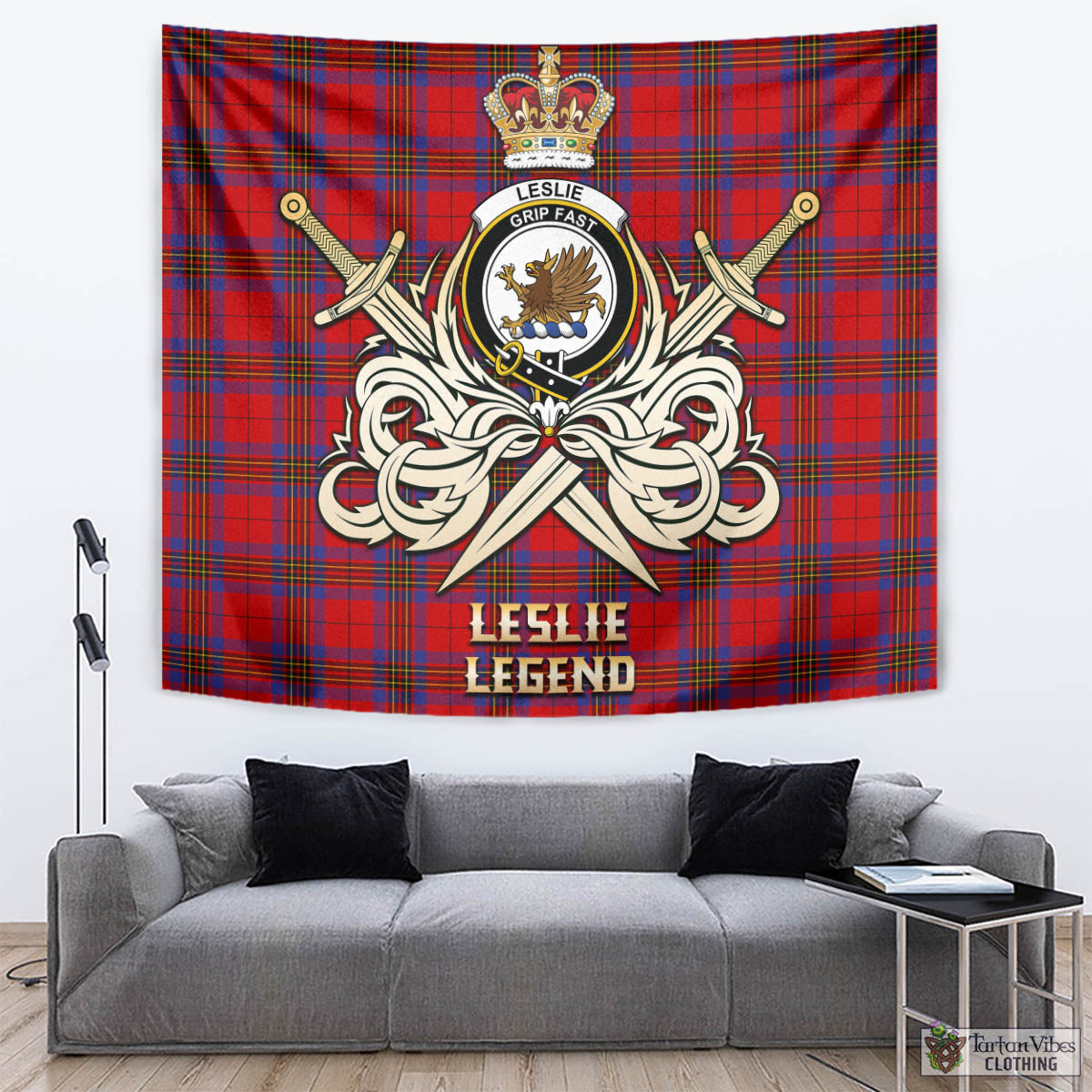 Tartan Vibes Clothing Leslie Modern Tartan Tapestry with Clan Crest and the Golden Sword of Courageous Legacy