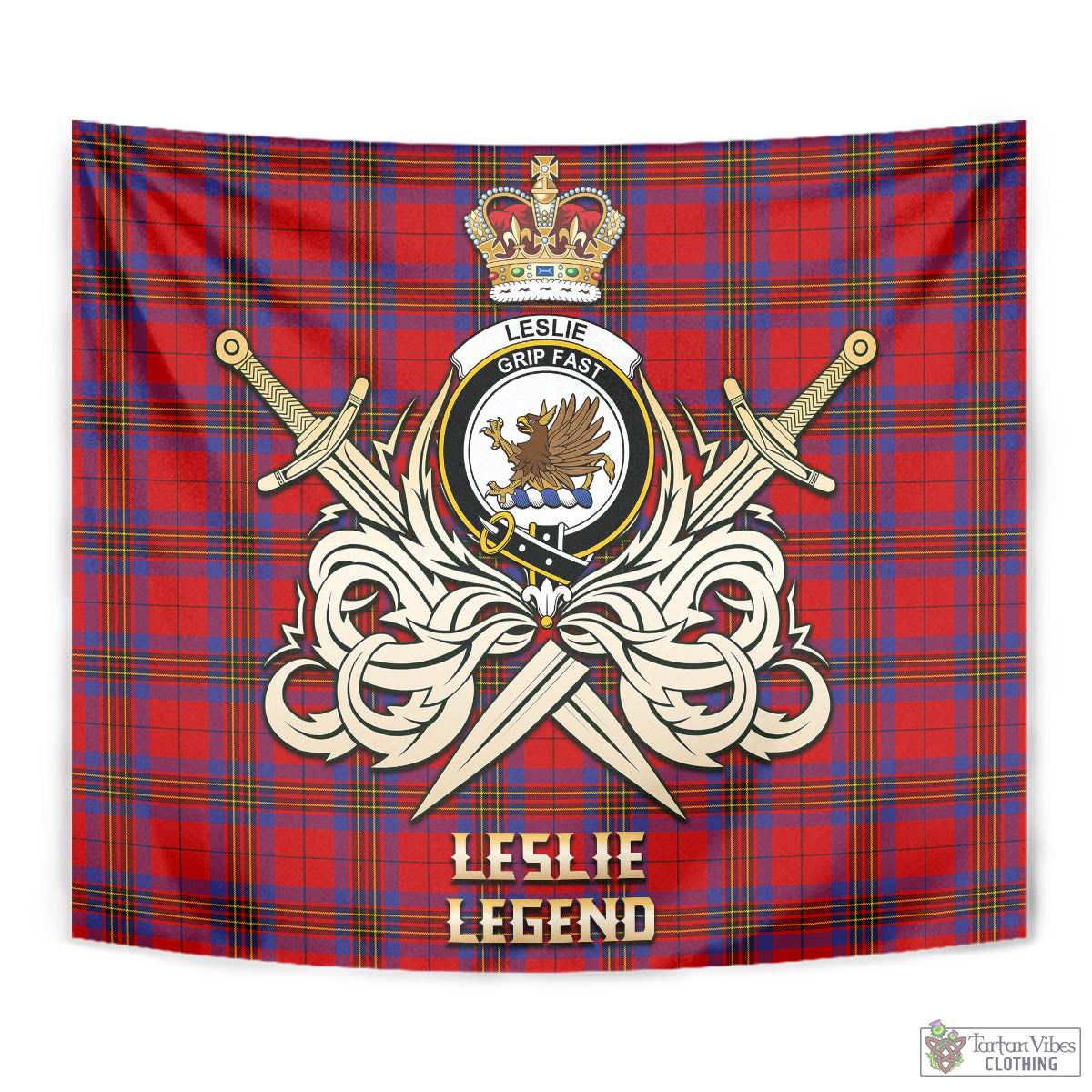 Tartan Vibes Clothing Leslie Modern Tartan Tapestry with Clan Crest and the Golden Sword of Courageous Legacy