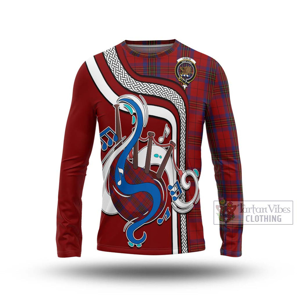 Tartan Vibes Clothing Leslie Red Tartan Long Sleeve T-Shirt with Epic Bagpipe Style