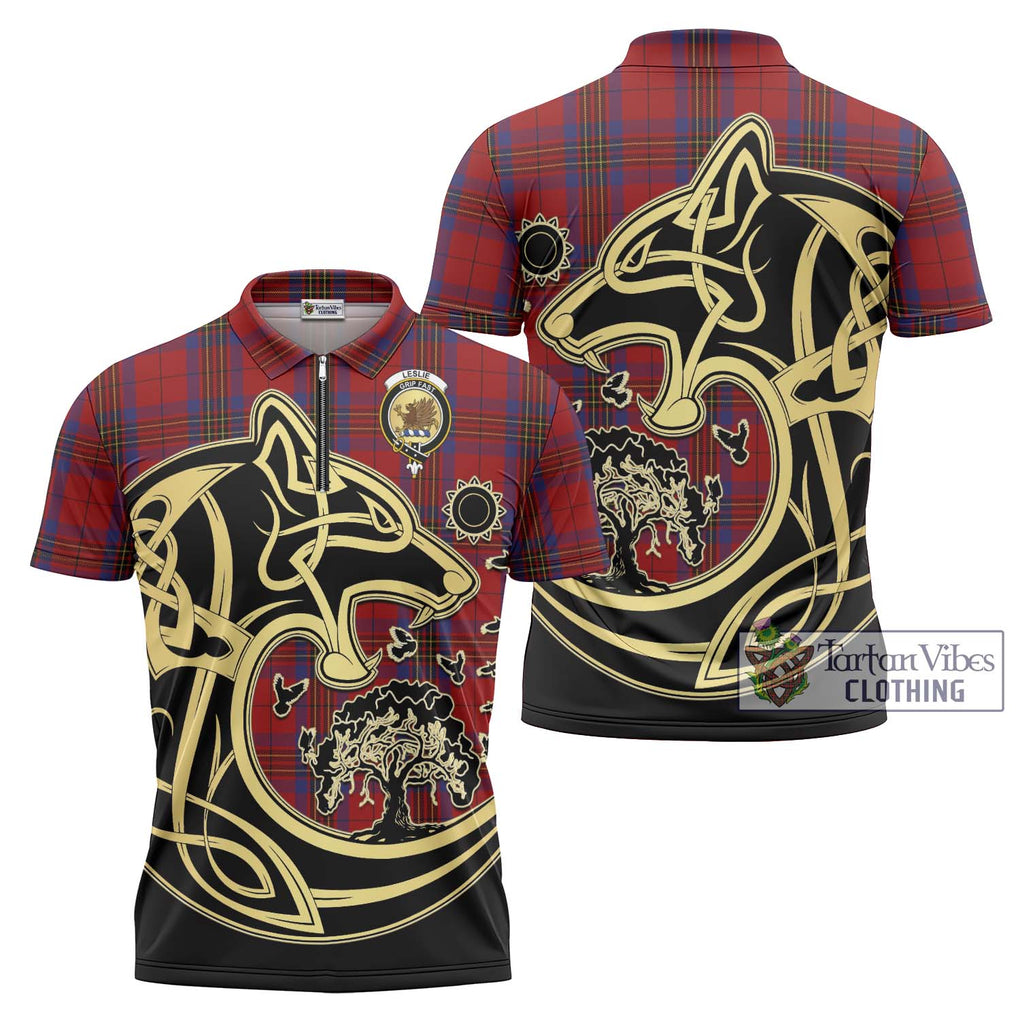 Leslie Red Tartan Zipper Polo Shirt with Family Crest Celtic Wolf Style Unisex - Tartanvibesclothing Shop