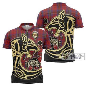 Leslie Red Tartan Zipper Polo Shirt with Family Crest Celtic Wolf Style