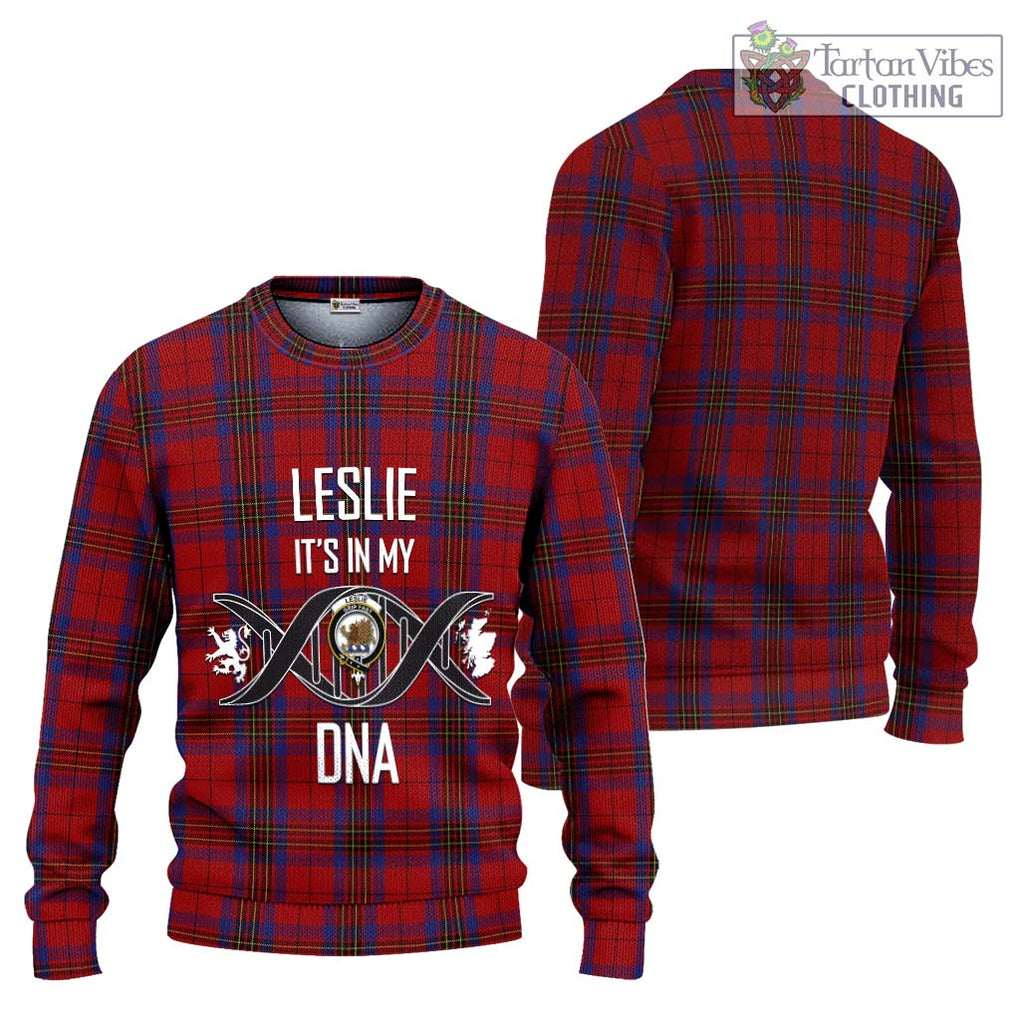 Leslie Red Tartan Knitted Sweater with Family Crest DNA In Me Style Unisex - Tartanvibesclothing Shop