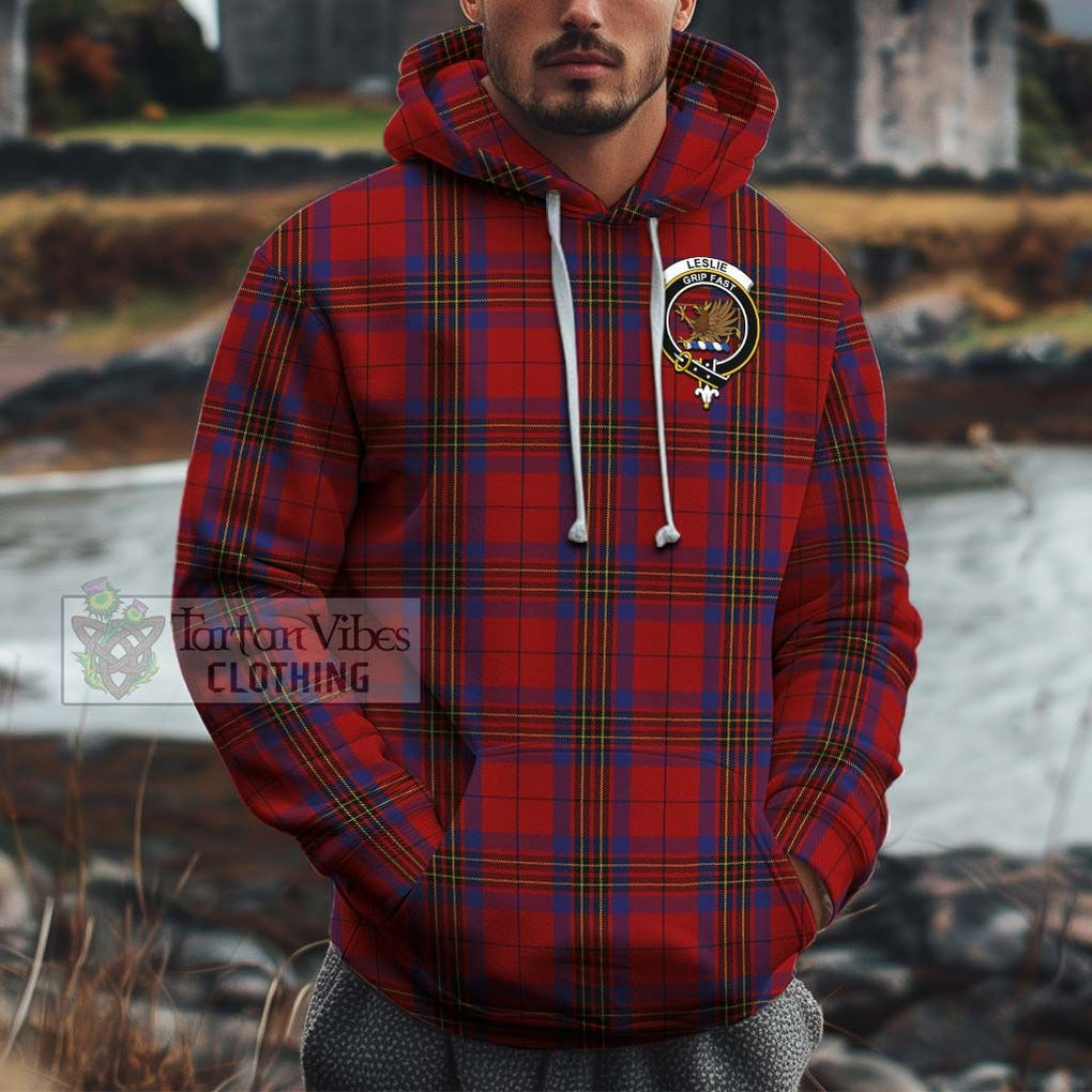 Leslie Red Tartan Cotton Hoodie with Family Crest Pullover Hoodie XS - Tartan Vibes Clothing