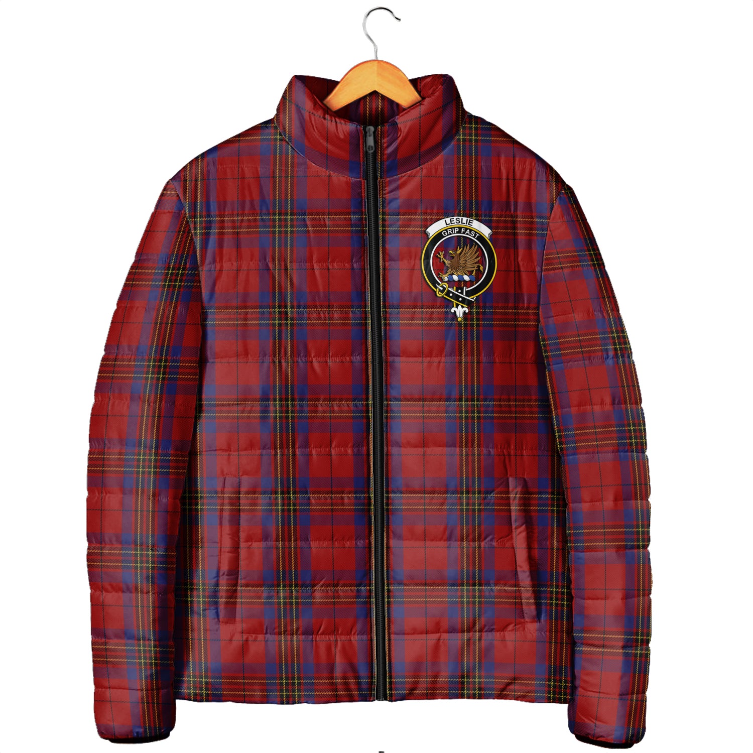 Leslie Red Tartan Padded Jacket with Family Crest Men's Padded Jacket - Tartan Vibes Clothing