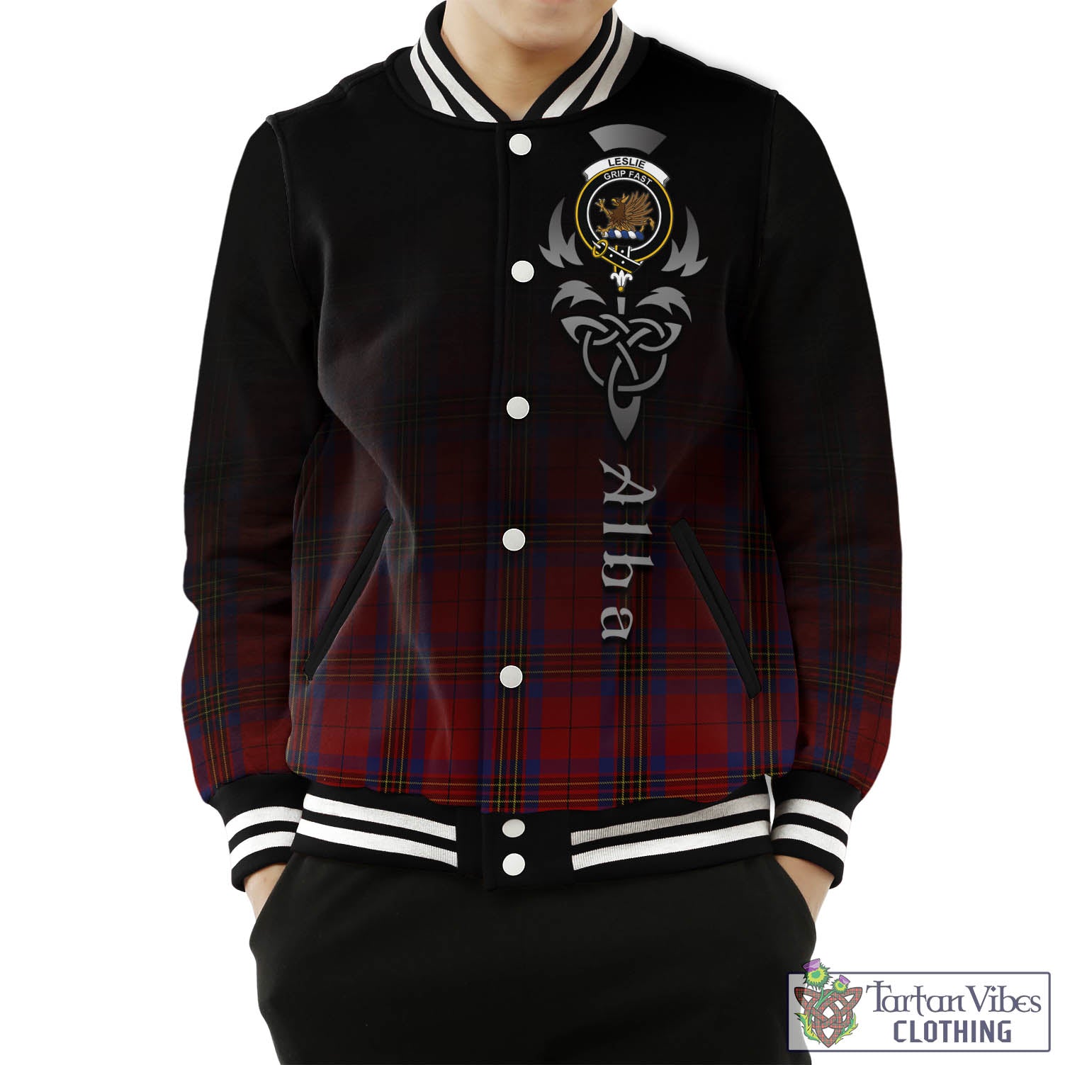 Tartan Vibes Clothing Leslie Red Tartan Baseball Jacket Featuring Alba Gu Brath Family Crest Celtic Inspired