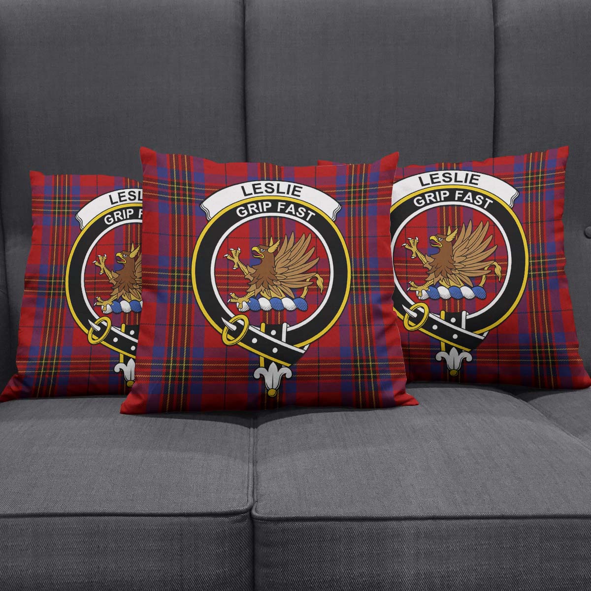 Leslie Red Tartan Pillow Cover with Family Crest Square Pillow Cover - Tartanvibesclothing