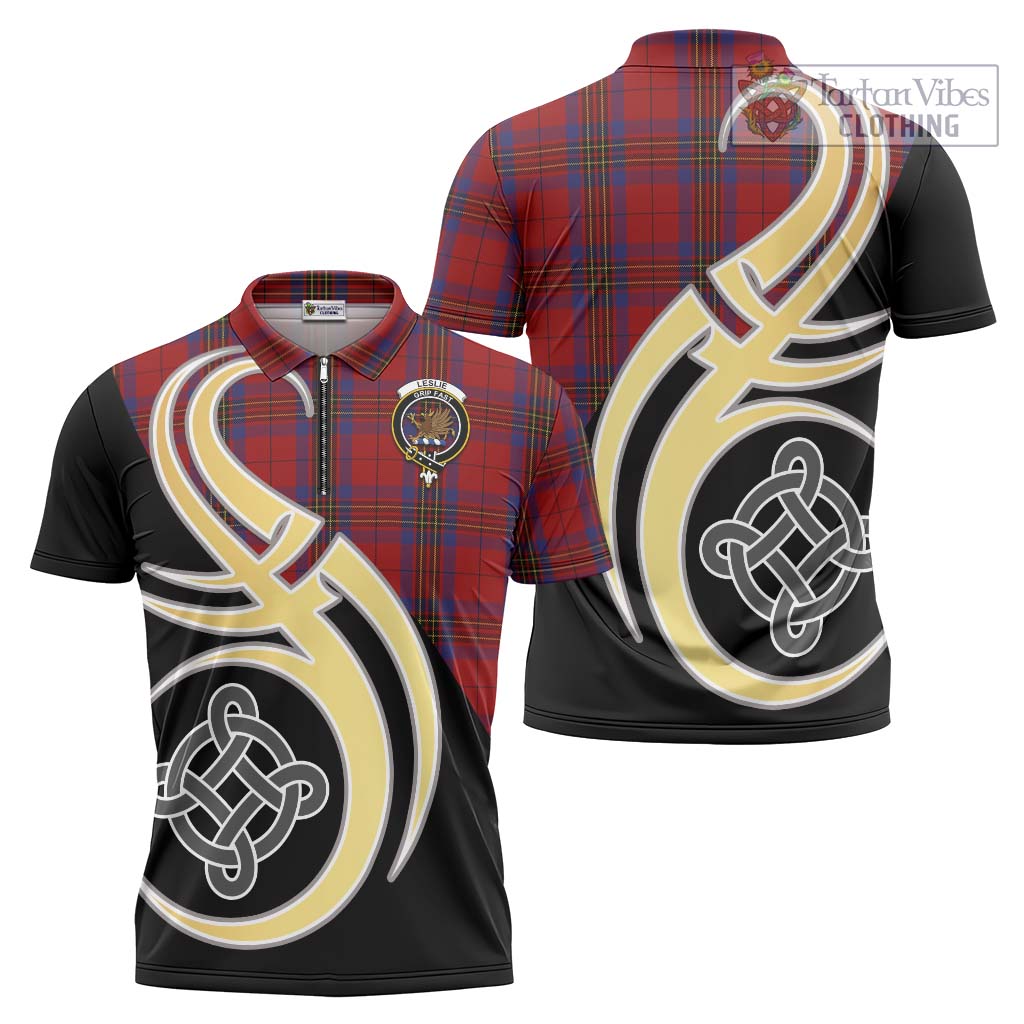 Tartan Vibes Clothing Leslie Red Tartan Zipper Polo Shirt with Family Crest and Celtic Symbol Style