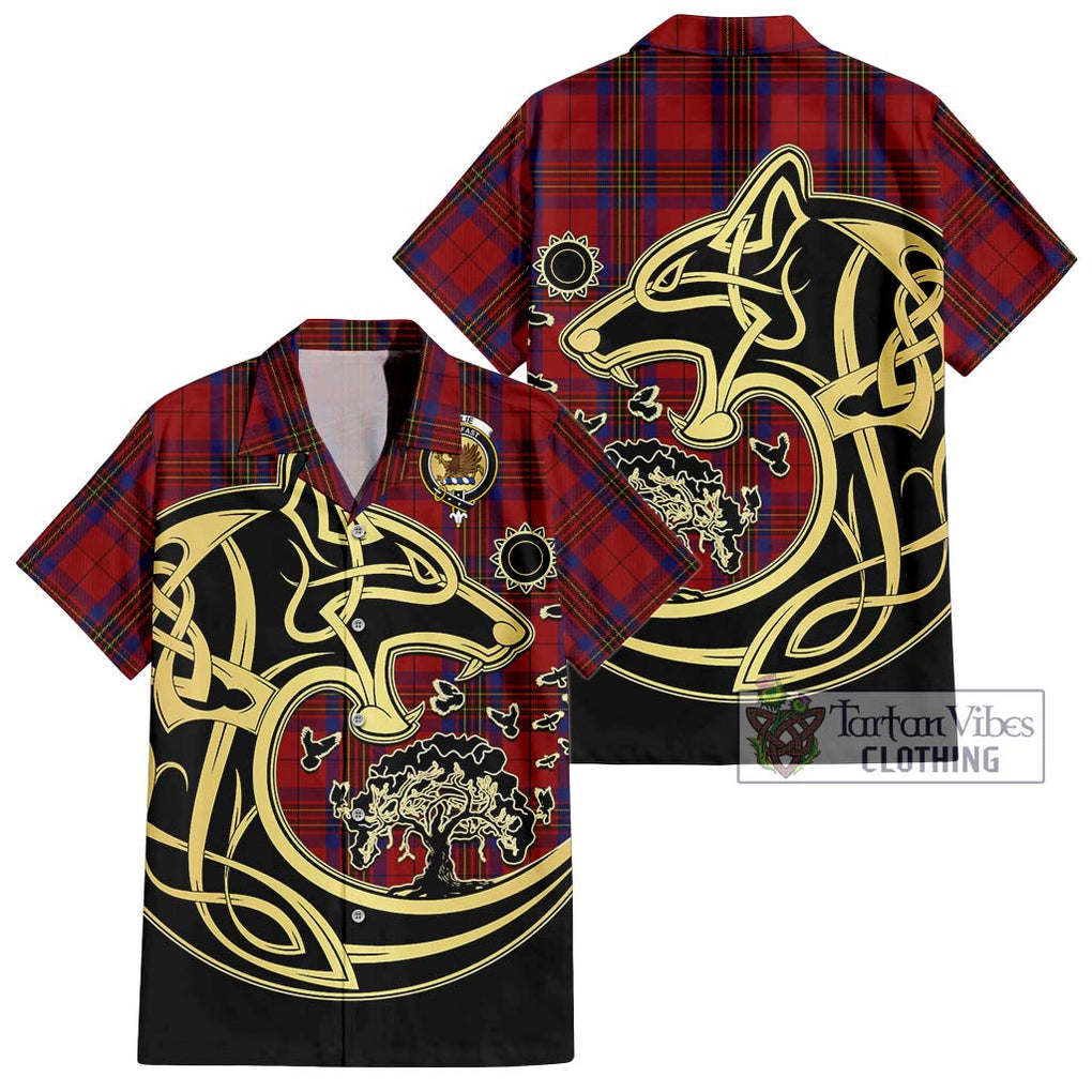 Leslie Red Tartan Short Sleeve Button Shirt with Family Crest Celtic Wolf Style Kid - Tartan Vibes Clothing