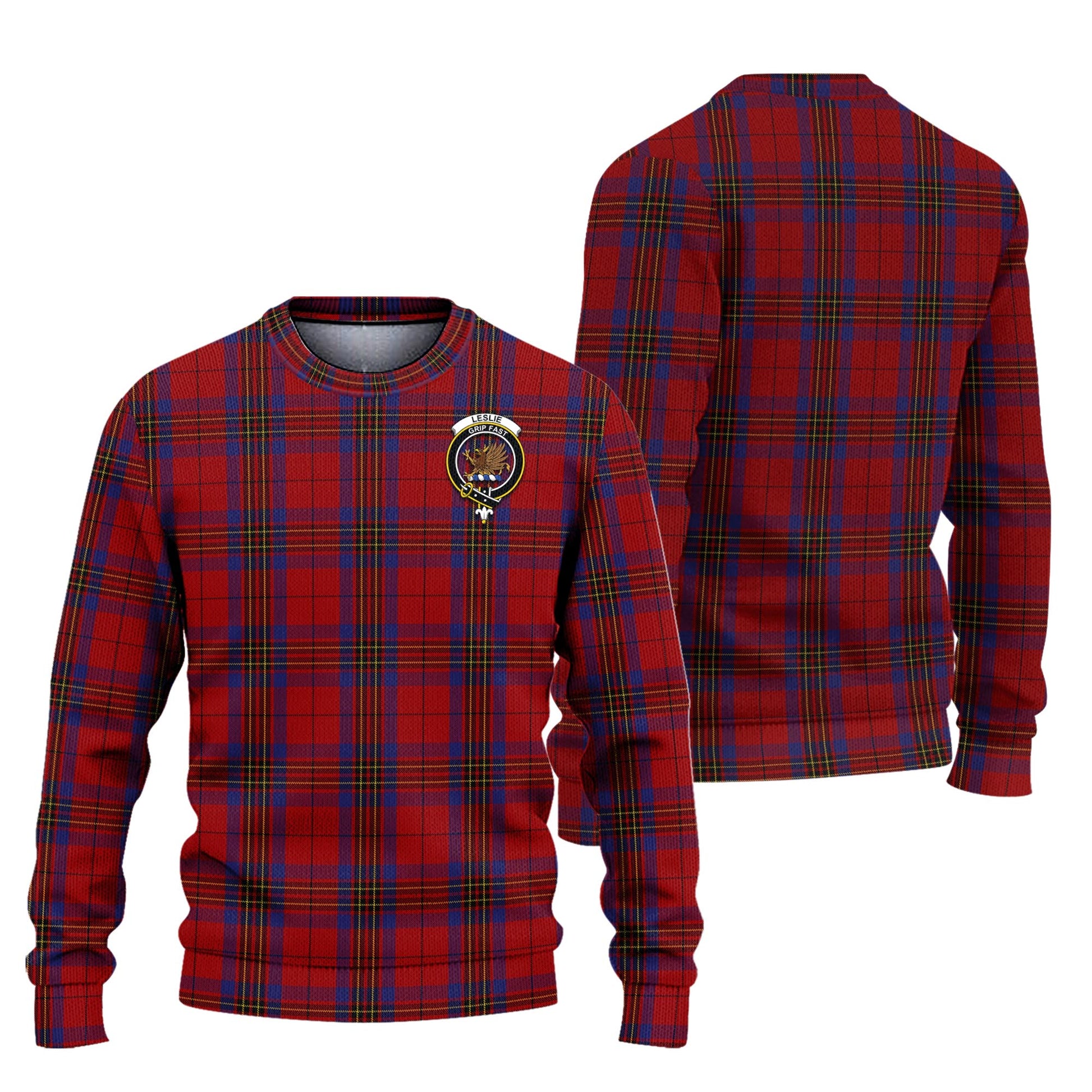 Leslie Red Tartan Knitted Sweater with Family Crest Unisex - Tartanvibesclothing