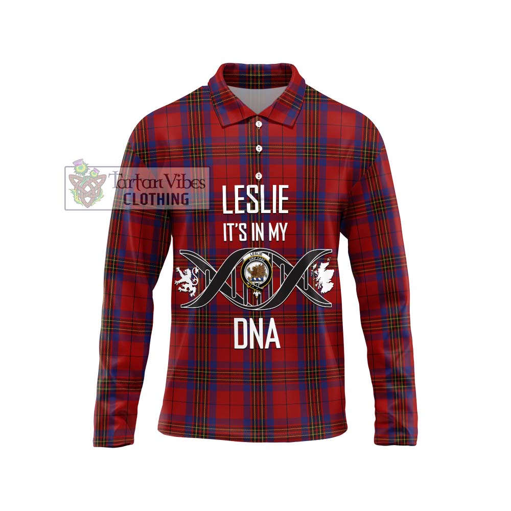 Leslie Red Tartan Long Sleeve Polo Shirt with Family Crest DNA In Me Style Unisex - Tartanvibesclothing Shop