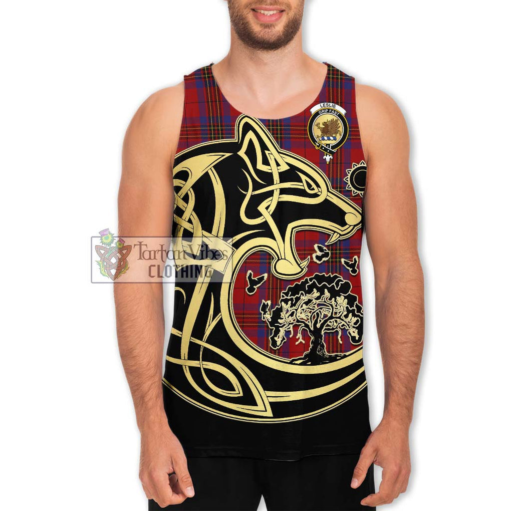 Leslie Red Tartan Men's Tank Top with Family Crest Celtic Wolf Style Men - Tartan Vibes Clothing