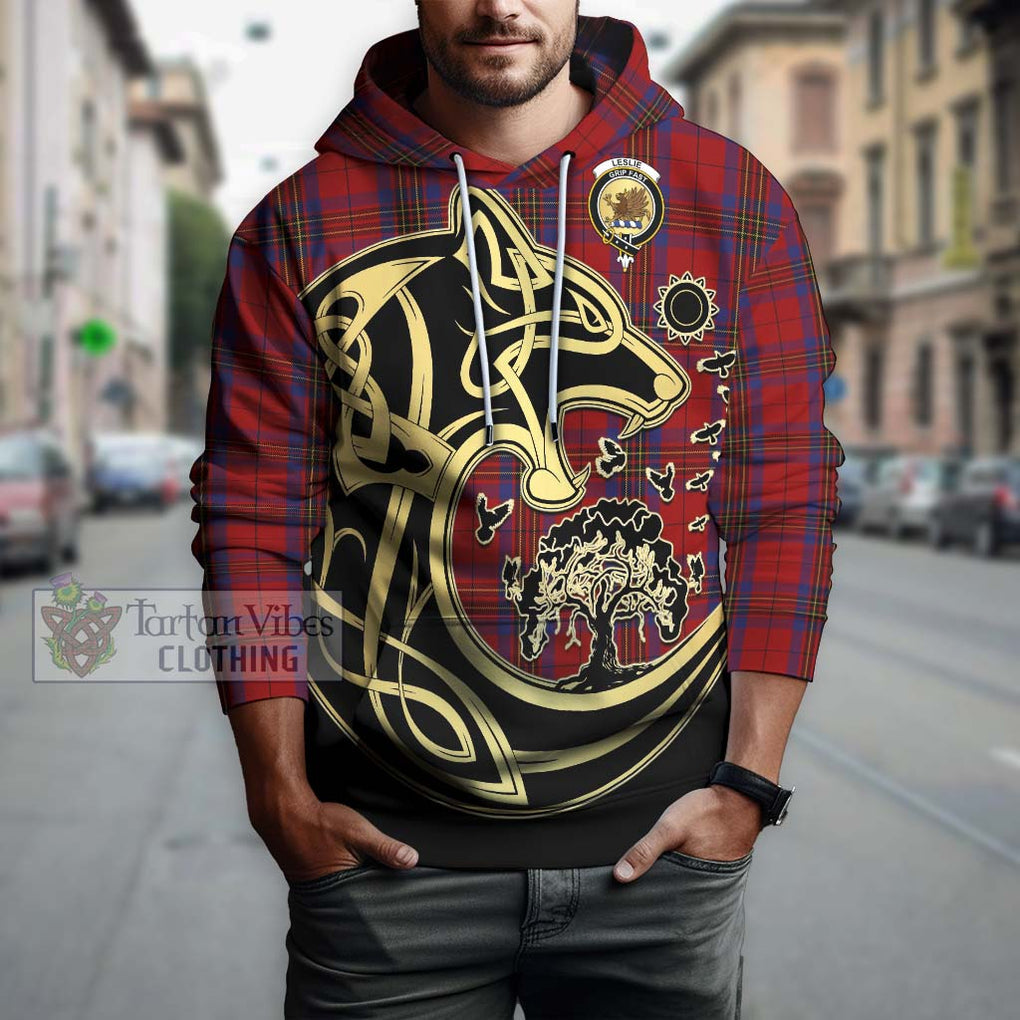 Leslie Red Tartan Hoodie with Family Crest Celtic Wolf Style Zip Hoodie - Tartan Vibes Clothing