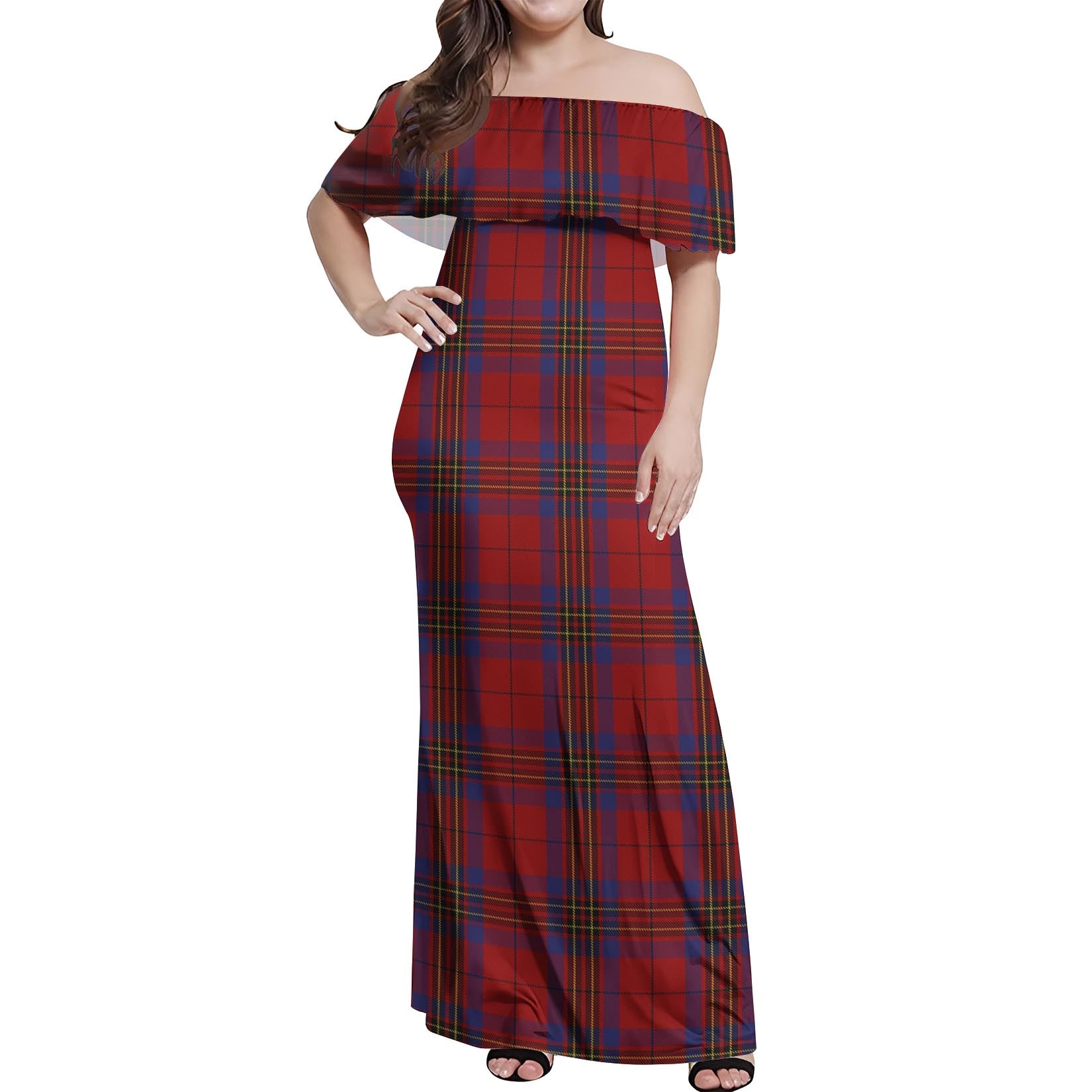 Leslie Red Tartan Off Shoulder Long Dress Women's Dress - Tartanvibesclothing