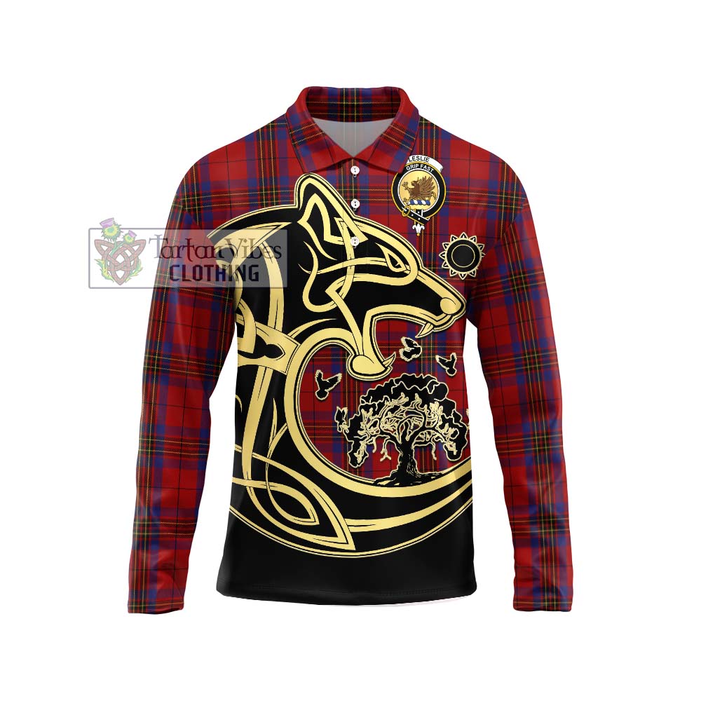 Leslie Red Tartan Long Sleeve Polo Shirt with Family Crest Celtic Wolf Style Unisex - Tartanvibesclothing Shop