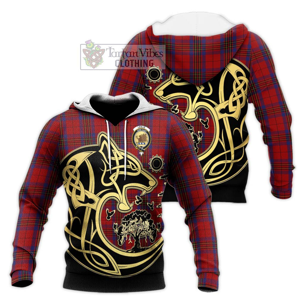 Leslie Red Tartan Knitted Hoodie with Family Crest Celtic Wolf Style Unisex Knitted Pullover Hoodie - Tartan Vibes Clothing