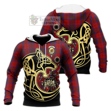 Leslie Red Tartan Knitted Hoodie with Family Crest Celtic Wolf Style