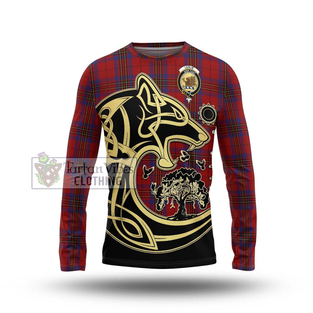 Leslie Red Tartan Long Sleeve T-Shirt with Family Crest Celtic Wolf Style Unisex - Tartan Vibes Clothing