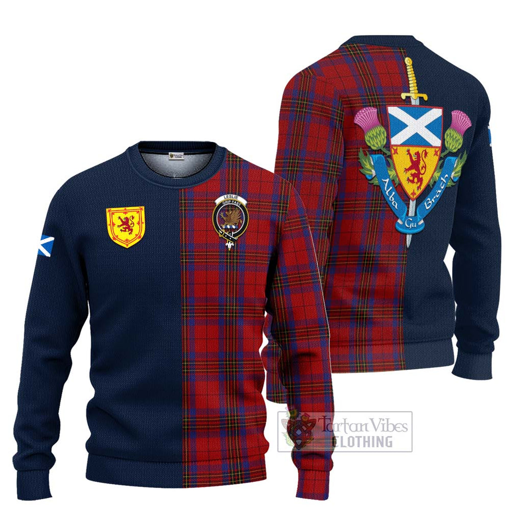 Tartan Vibes Clothing Leslie Red Tartan Knitted Sweater with Scottish Lion Royal Arm Half Style