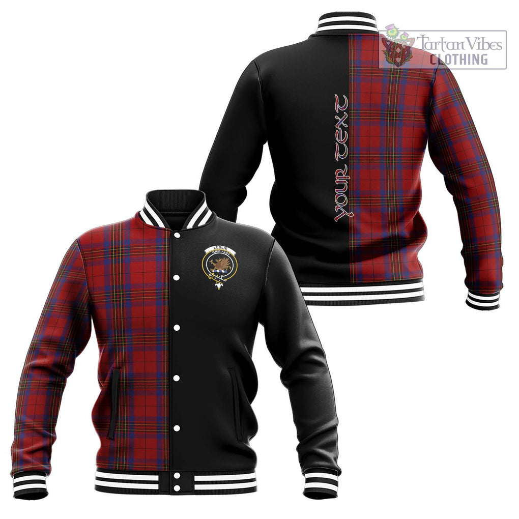 Leslie Red Tartan Baseball Jacket with Family Crest and Half Of Me Style Unisex - Tartanvibesclothing Shop