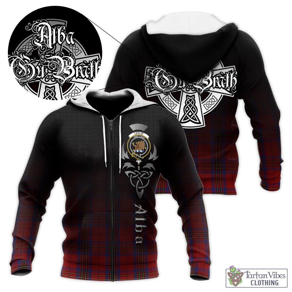 Tartan Vibes Clothing Leslie Red Tartan Knitted Hoodie Featuring Alba Gu Brath Family Crest Celtic Inspired