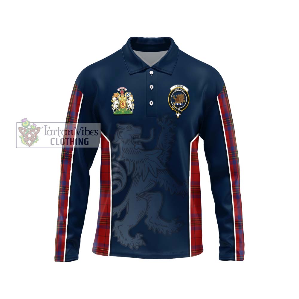 Leslie Red Tartan Long Sleeve Polo Shirt with Family Crest and Lion Rampant Vibes Sport Style Unisex - Tartan Vibes Clothing