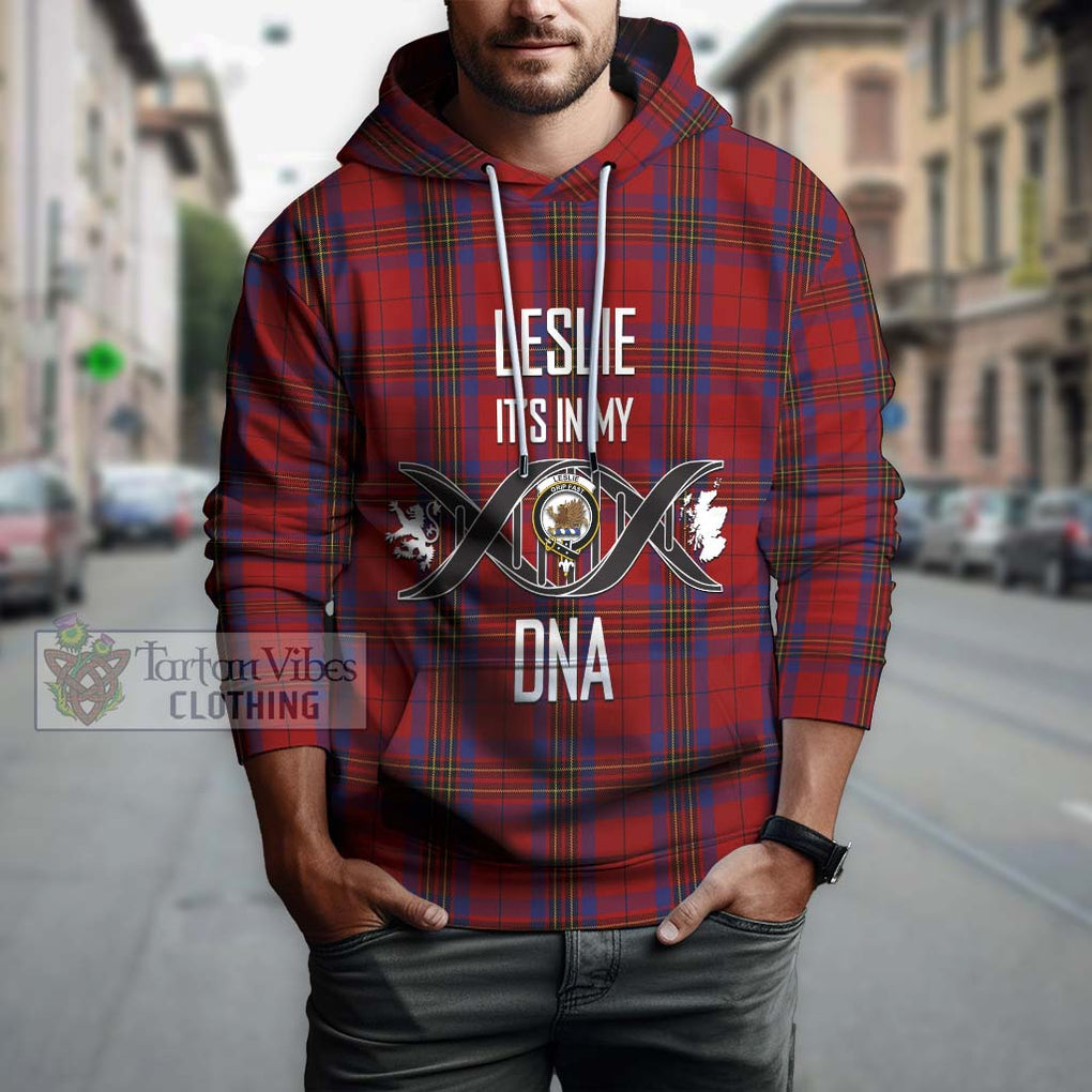 Leslie Red Tartan Hoodie with Family Crest DNA In Me Style Pullover Hoodie - Tartanvibesclothing Shop