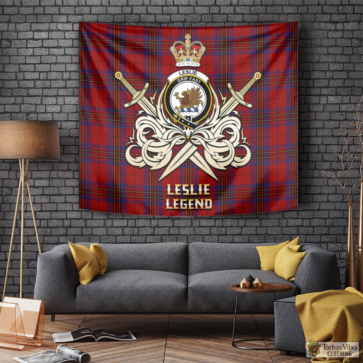 Tartan Vibes Clothing Leslie Red Tartan Tapestry with Clan Crest and the Golden Sword of Courageous Legacy