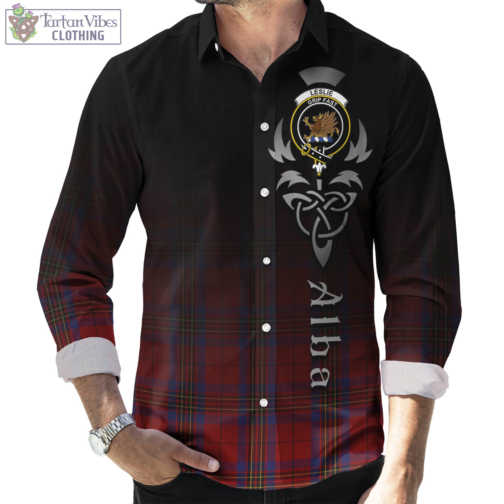 Tartan Vibes Clothing Leslie Red Tartan Long Sleeve Button Up Featuring Alba Gu Brath Family Crest Celtic Inspired