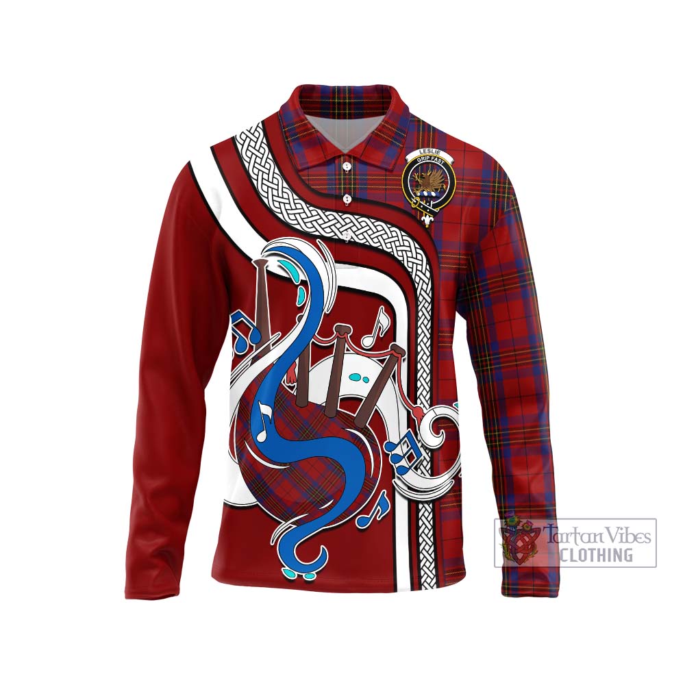 Tartan Vibes Clothing Leslie Red Tartan Long Sleeve Polo Shirt with Epic Bagpipe Style