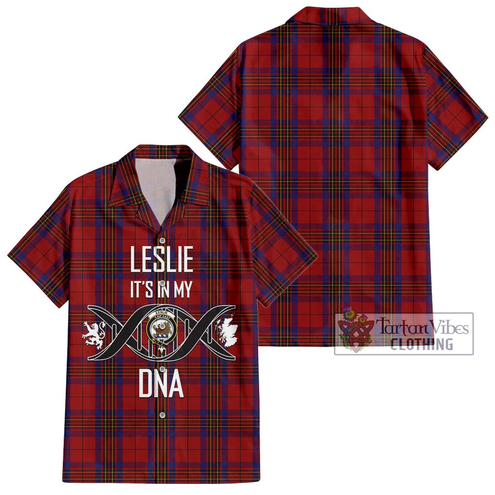 Leslie Red Tartan Short Sleeve Button Shirt with Family Crest DNA In Me Style Kid - Tartanvibesclothing Shop