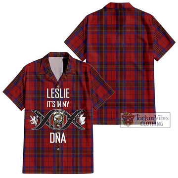 Leslie Red Tartan Short Sleeve Button Shirt with Family Crest DNA In Me Style