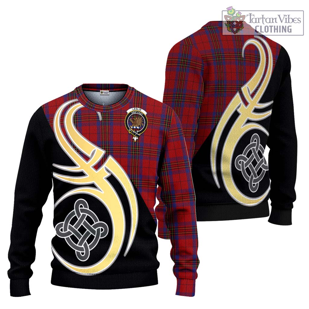 Leslie Red Tartan Knitted Sweater with Family Crest and Celtic Symbol Style Unisex - Tartan Vibes Clothing