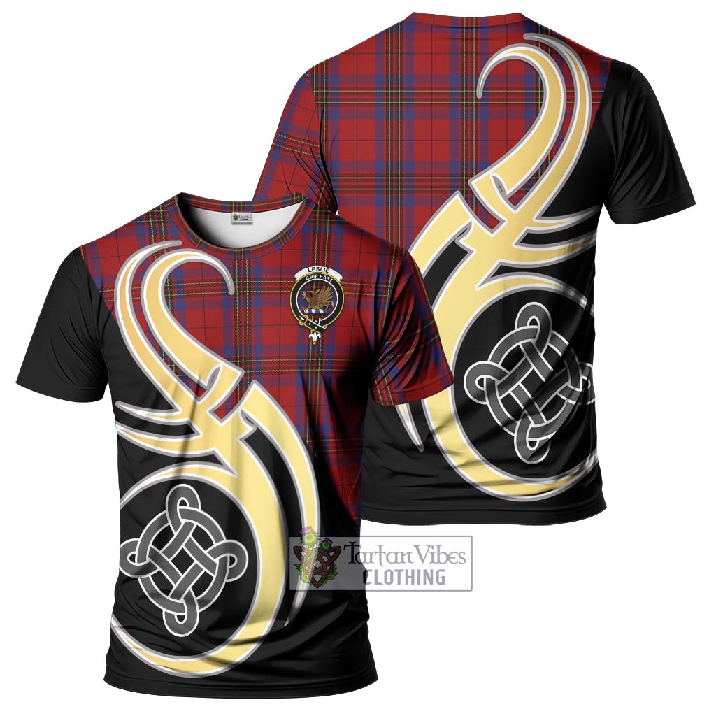 Tartan Vibes Clothing Leslie Red Tartan T-Shirt with Family Crest and Celtic Symbol Style