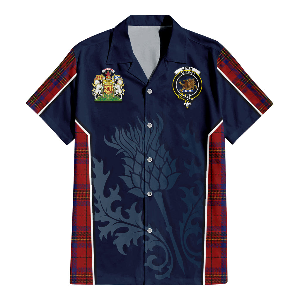 Tartan Vibes Clothing Leslie Red Tartan Short Sleeve Button Up Shirt with Family Crest and Scottish Thistle Vibes Sport Style