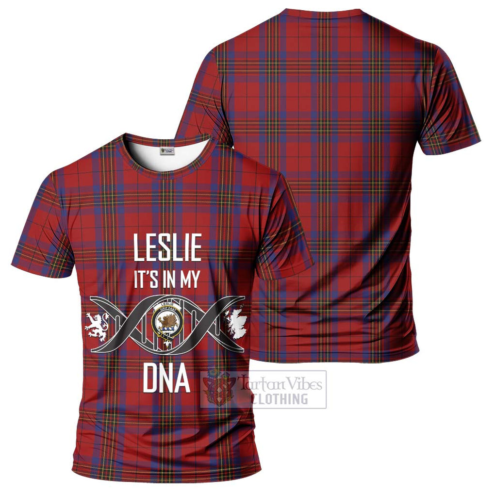 Leslie Red Tartan T-Shirt with Family Crest DNA In Me Style - Tartan Vibes Clothing