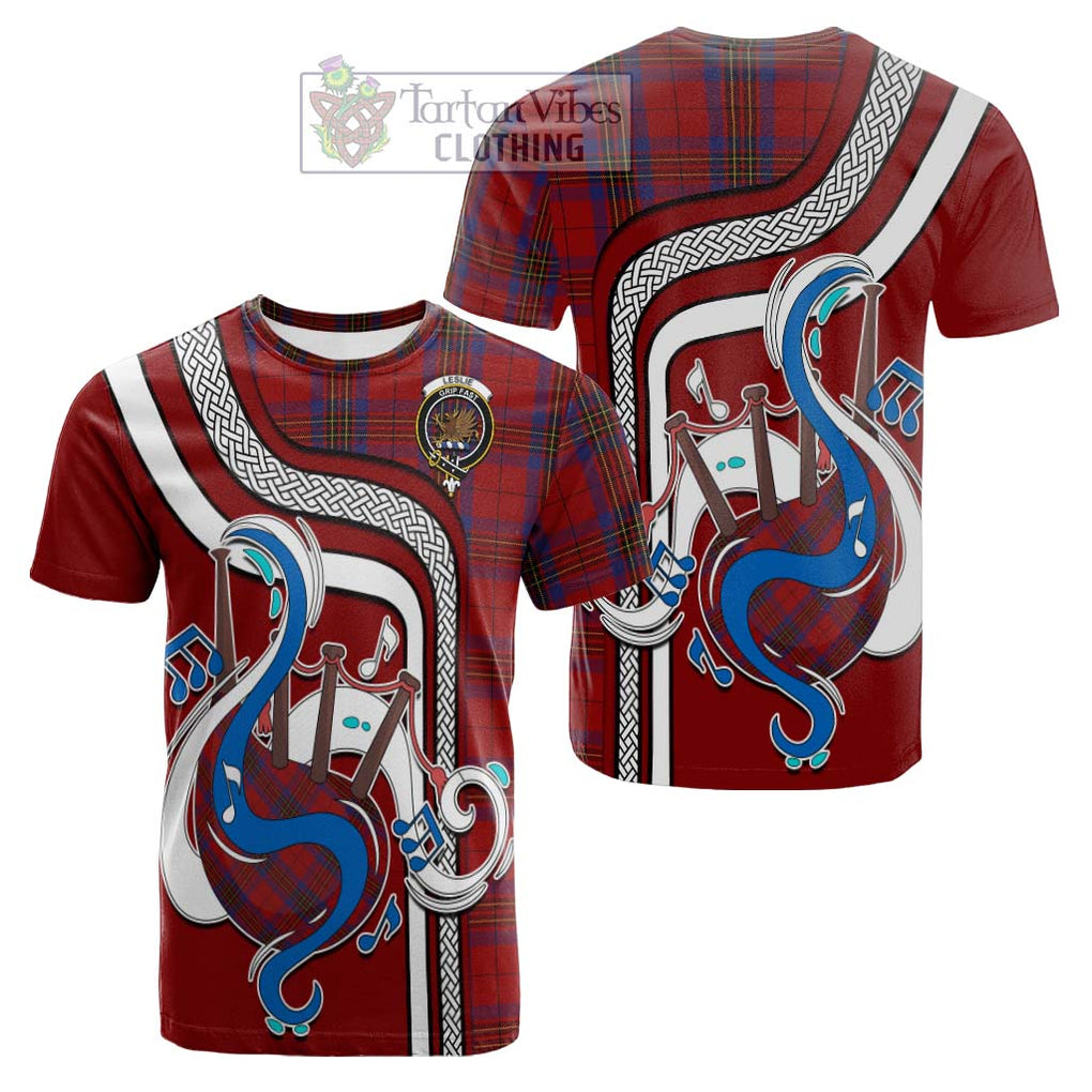 Tartan Vibes Clothing Leslie Red Tartan Cotton T-shirt with Epic Bagpipe Style