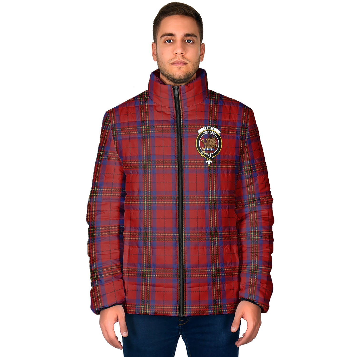 Leslie Red Tartan Padded Jacket with Family Crest - Tartan Vibes Clothing