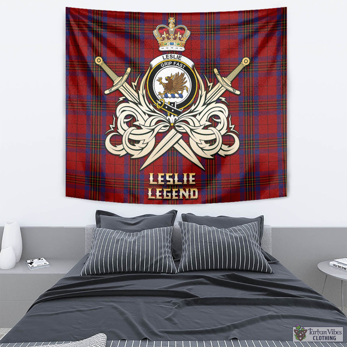 Tartan Vibes Clothing Leslie Red Tartan Tapestry with Clan Crest and the Golden Sword of Courageous Legacy