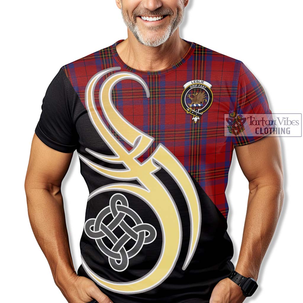 Tartan Vibes Clothing Leslie Red Tartan T-Shirt with Family Crest and Celtic Symbol Style