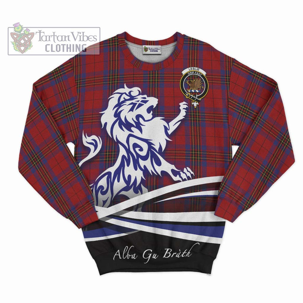 Leslie Red Tartan Sweatshirt with Alba Gu Brath Regal Lion Emblem - Tartanvibesclothing Shop