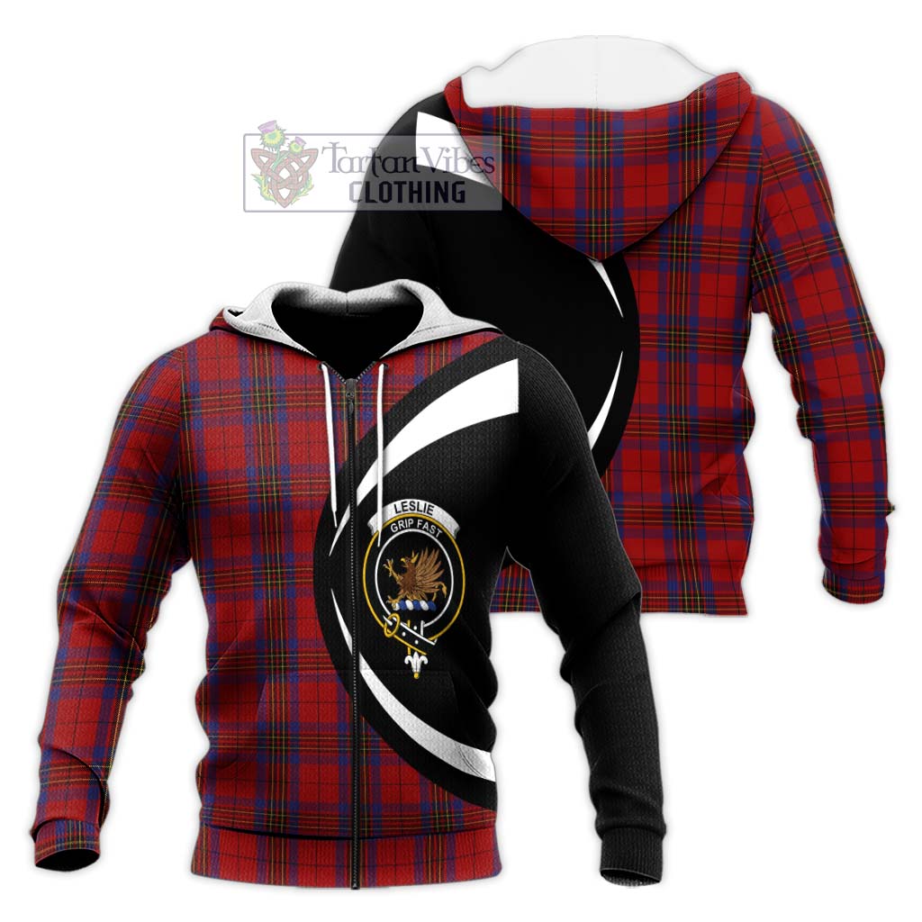 Leslie Red Tartan Knitted Hoodie with Family Crest Circle Style Unisex Knitted Zip Hoodie - Tartan Vibes Clothing