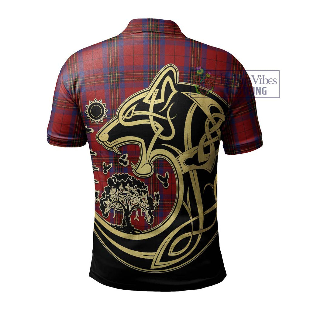 Leslie Red Tartan Polo Shirt with Family Crest Celtic Wolf Style - Tartanvibesclothing Shop