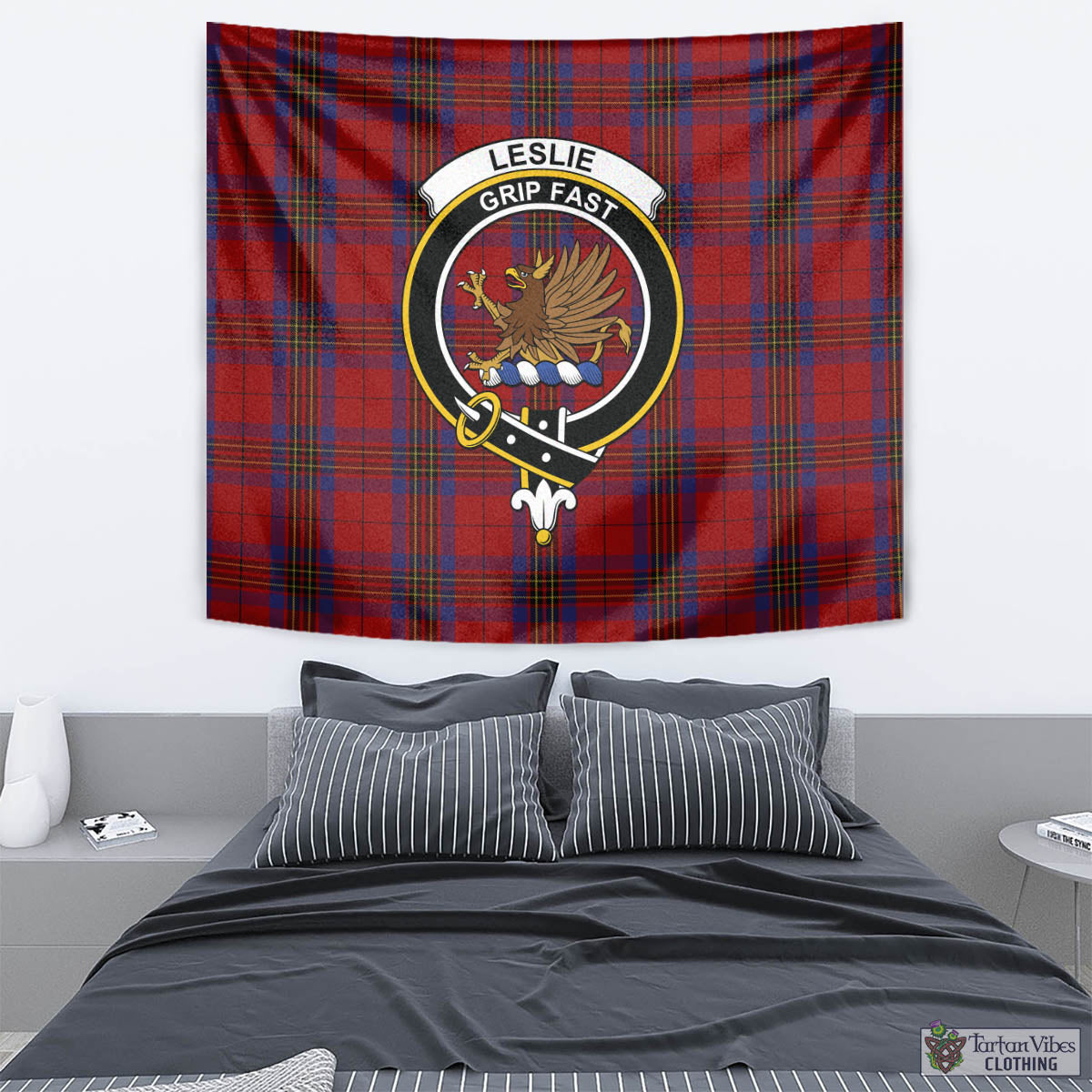 Tartan Vibes Clothing Leslie Red Tartan Tapestry Wall Hanging and Home Decor for Room with Family Crest