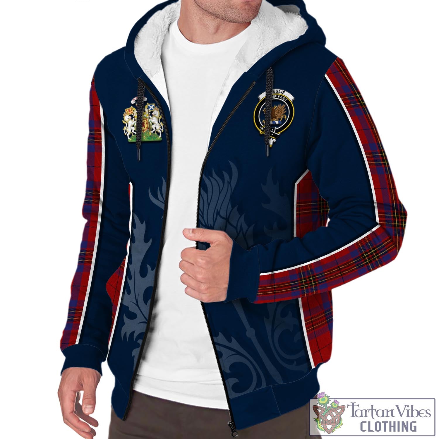 Tartan Vibes Clothing Leslie Red Tartan Sherpa Hoodie with Family Crest and Scottish Thistle Vibes Sport Style