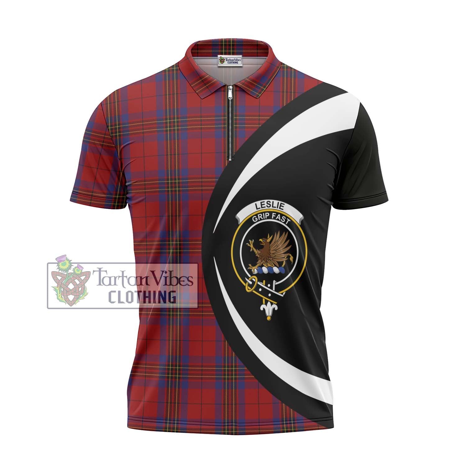 Tartan Vibes Clothing Leslie Red Tartan Zipper Polo Shirt with Family Crest Circle Style