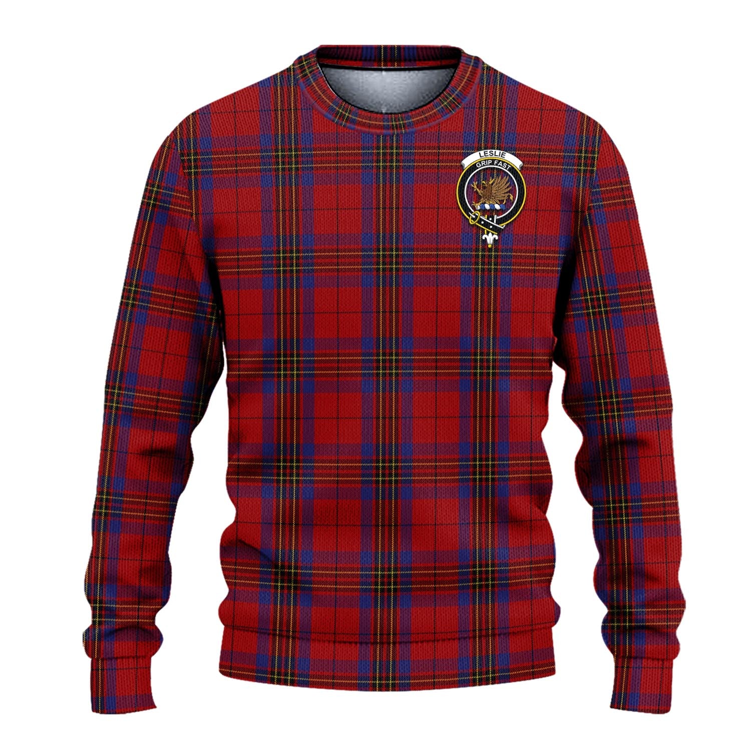 Leslie Red Tartan Knitted Sweater with Family Crest - Tartanvibesclothing