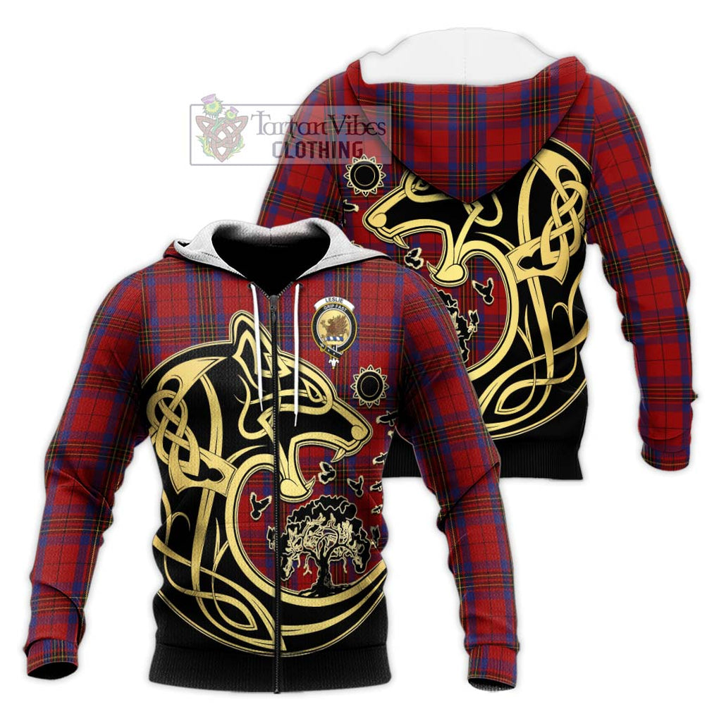 Leslie Red Tartan Knitted Hoodie with Family Crest Celtic Wolf Style Unisex Knitted Zip Hoodie - Tartan Vibes Clothing