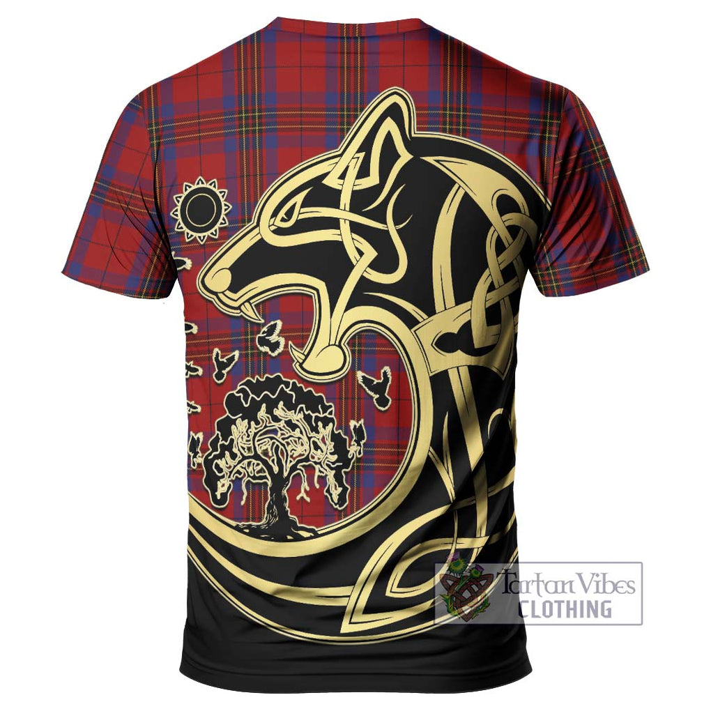 Leslie Red Tartan T-Shirt with Family Crest Celtic Wolf Style - Tartan Vibes Clothing